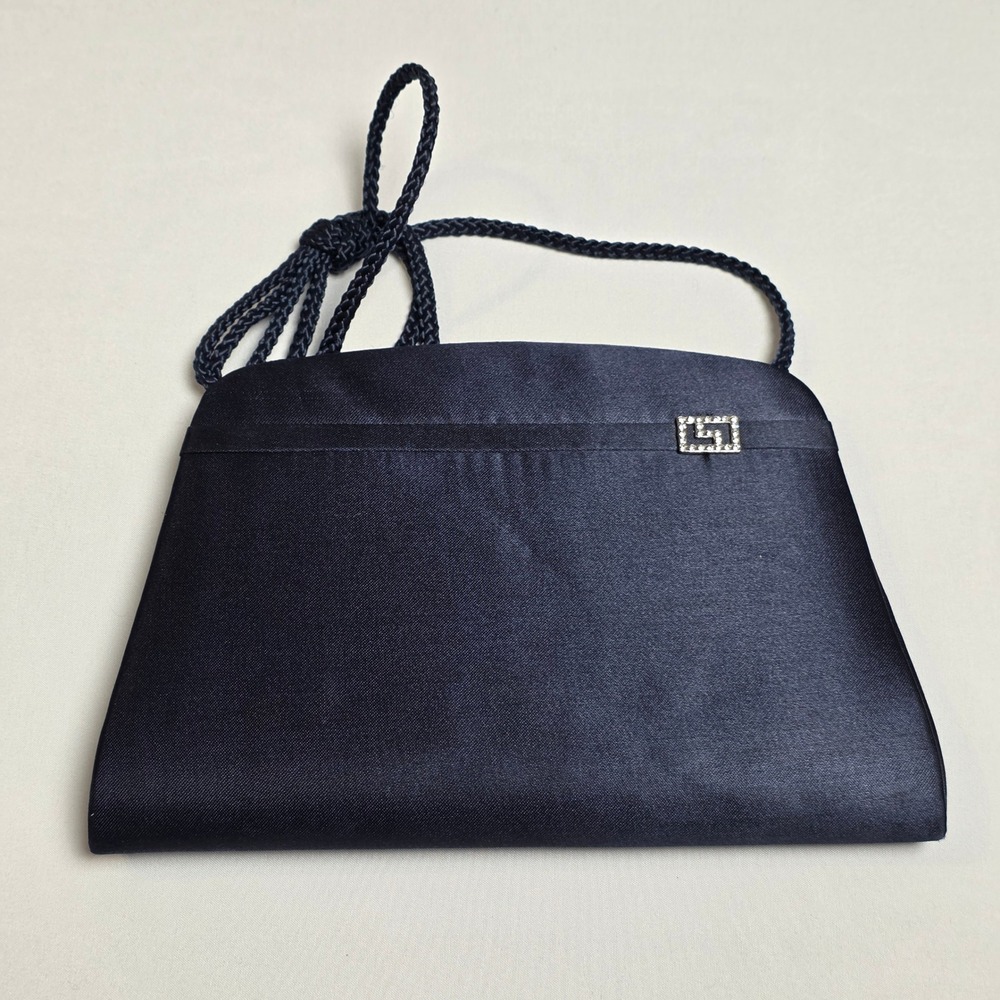 Jessica McClintock Evening Bag Womens Navy Blue Satin Rhinestone Formal Clutch